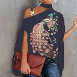 Plus Size Ladies Short Sleeve Cold Shoulder Top Shirts peacock Loose Blouse -1XL